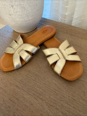 UGG Metallic Gold Leather Slide Sandals for Women